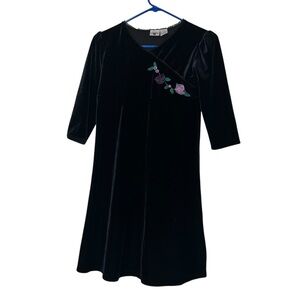 Hartstrings black Velvet floral embroidered Dress Sz 12 3/4 sleeve